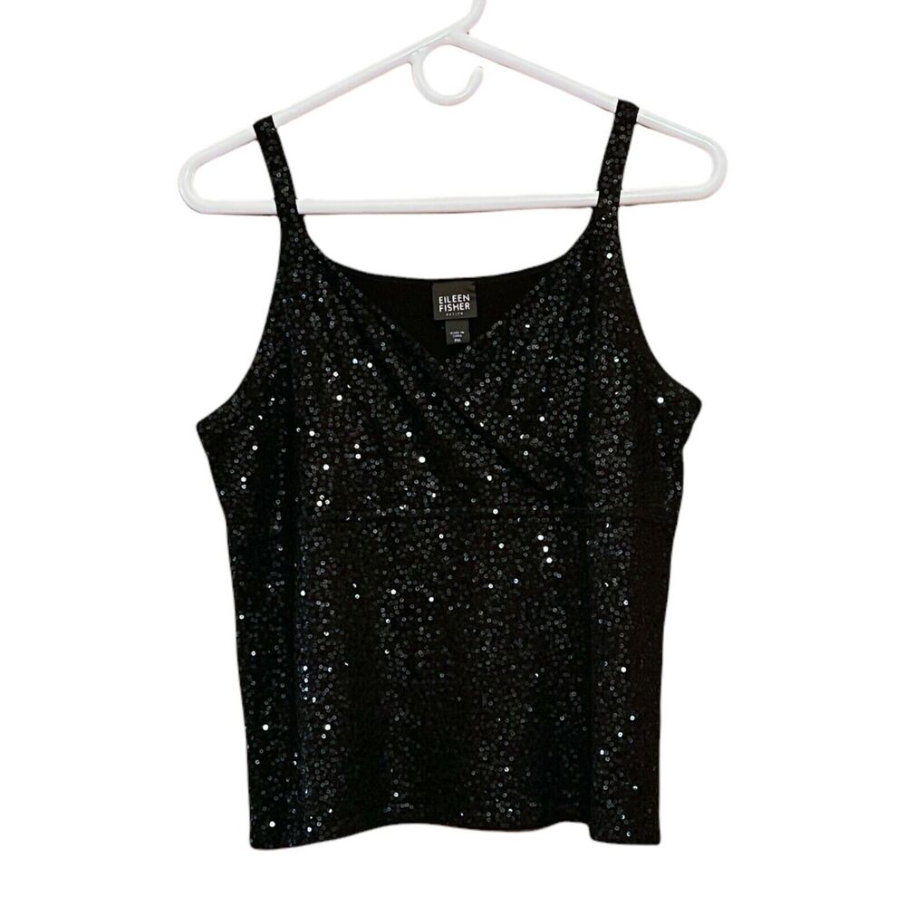 Eileen Fisher Black Sequin Silk Blend Surplice Neckline Cami Tank Top Size PM